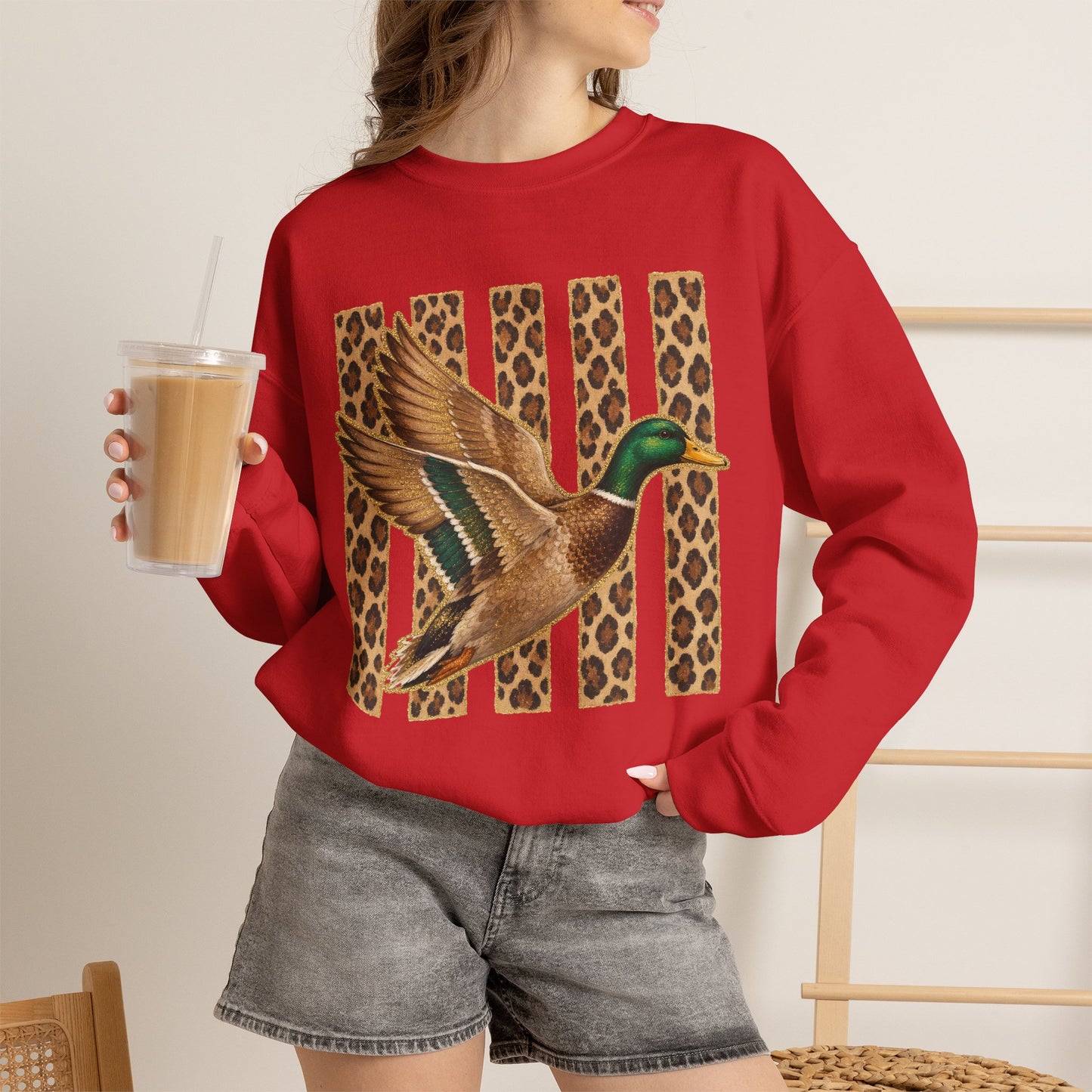 Mallard Duck Graphic Crewneck Sweatshirt — Leopard Stripe Background