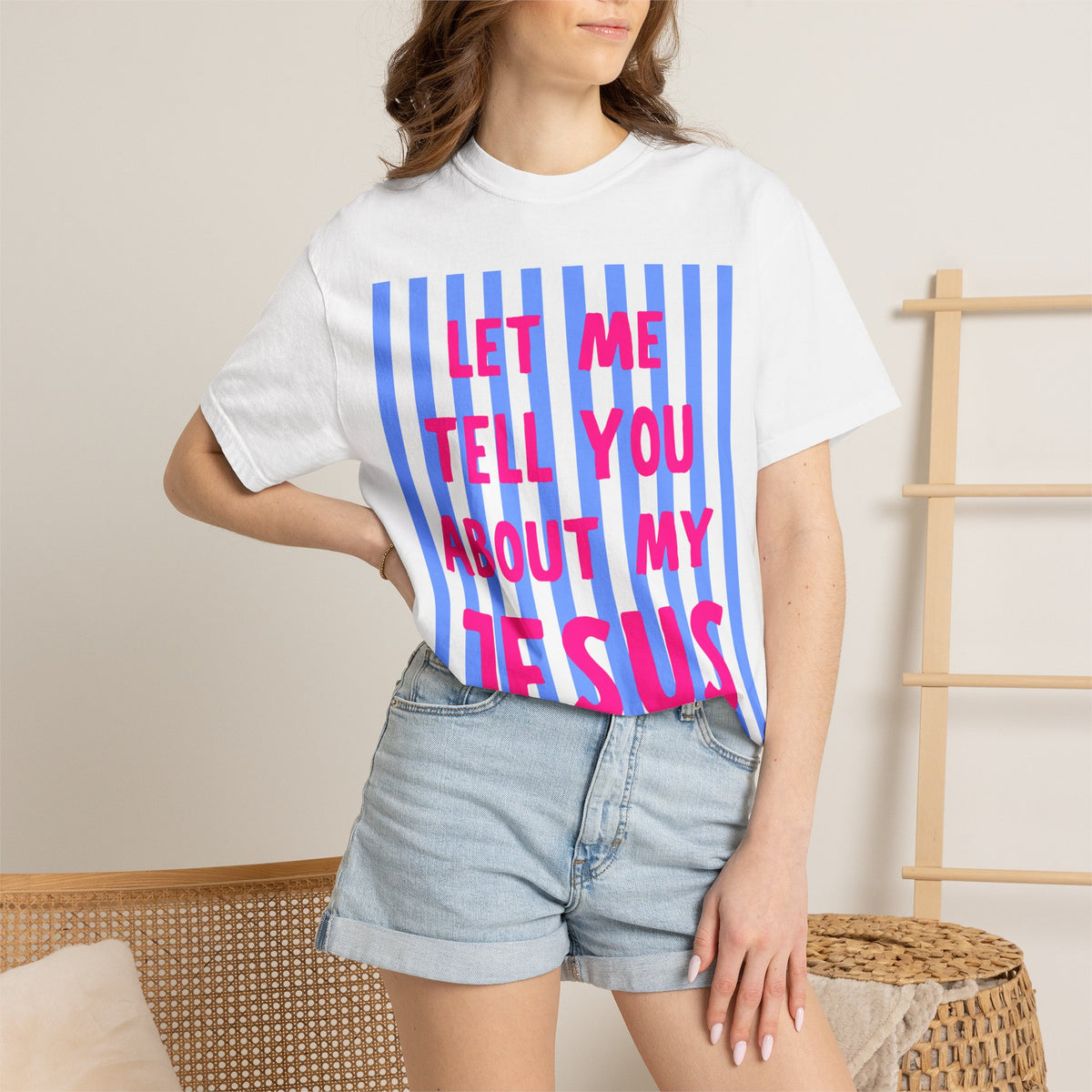 Christian T-Shirt — "Let Me Tell You About My Jesus" Bold Stripe Tee