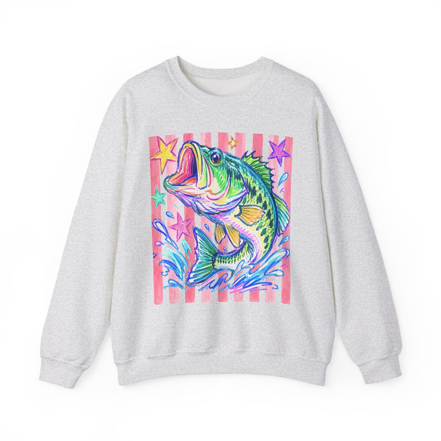 Neon Bass Fish Splash Sweatshirt | Retro Stripes Stars Fishing Art
