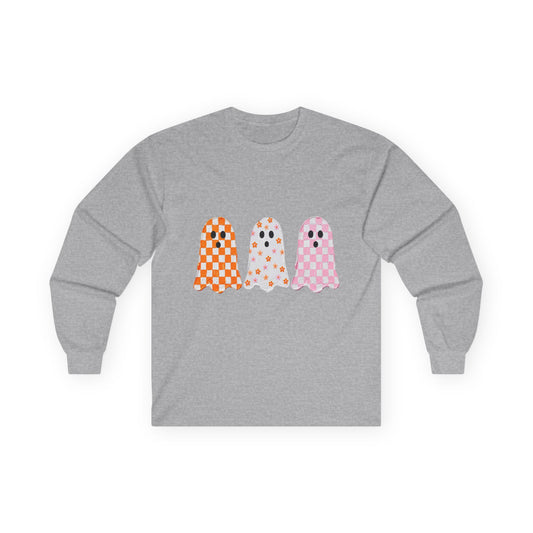 Checker Ghosts Long Sleeve Tee — Cute Halloween Graphic Shirt