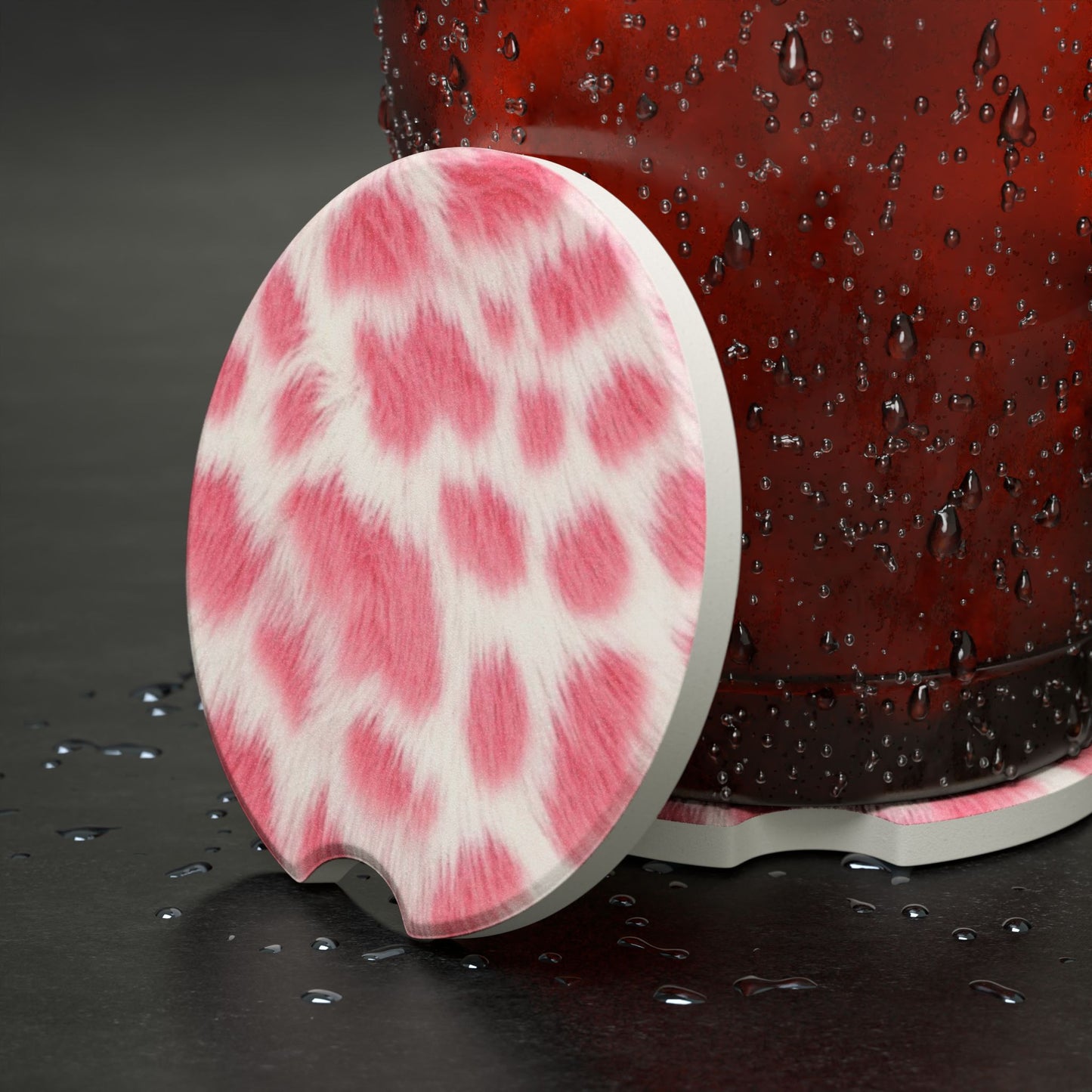 Pink Leopard Soapstone Car Coaster — Stylish Fur Print Cup Holder Protector