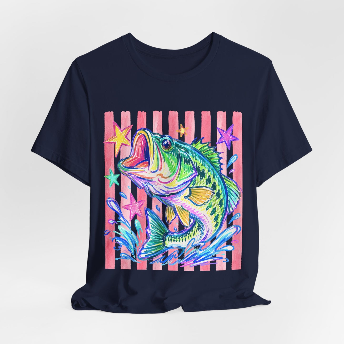 Bass Fishing Tee — Colorful Neon Largemouth Fish Graphic T-Shirt