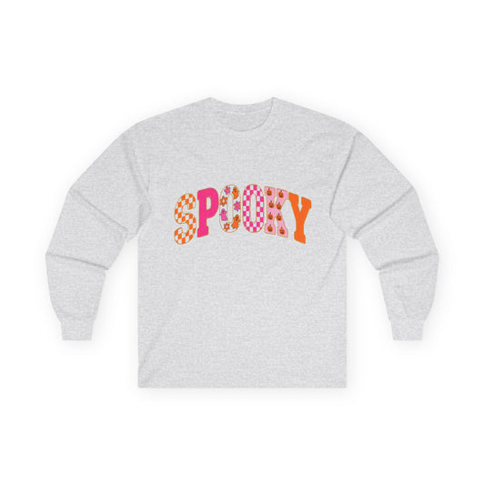 Spooky Colorblock Long Sleeve Tee — Retro Halloween Graphic