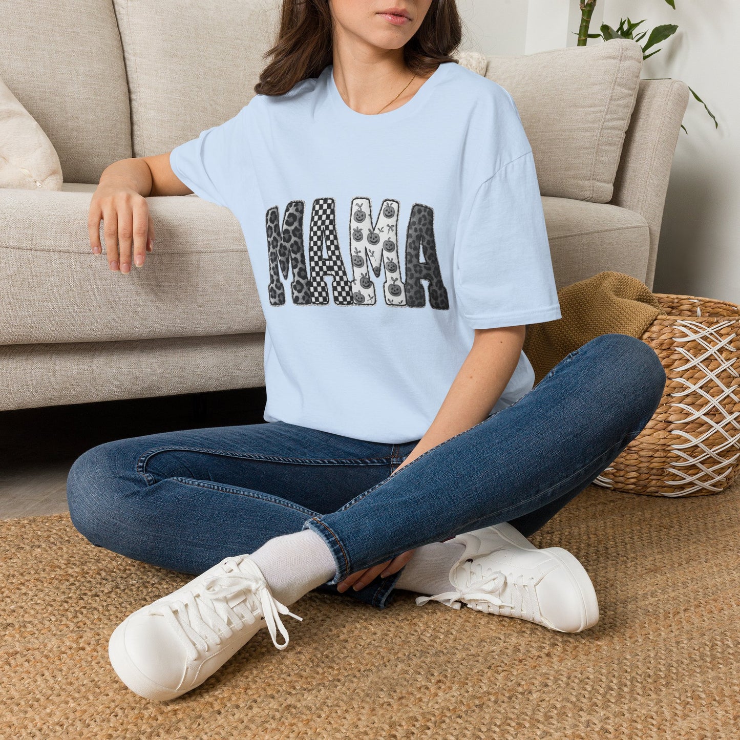 Mama Graphic T‑Shirt — Patterned Leopard, Checker & Floral Lettering