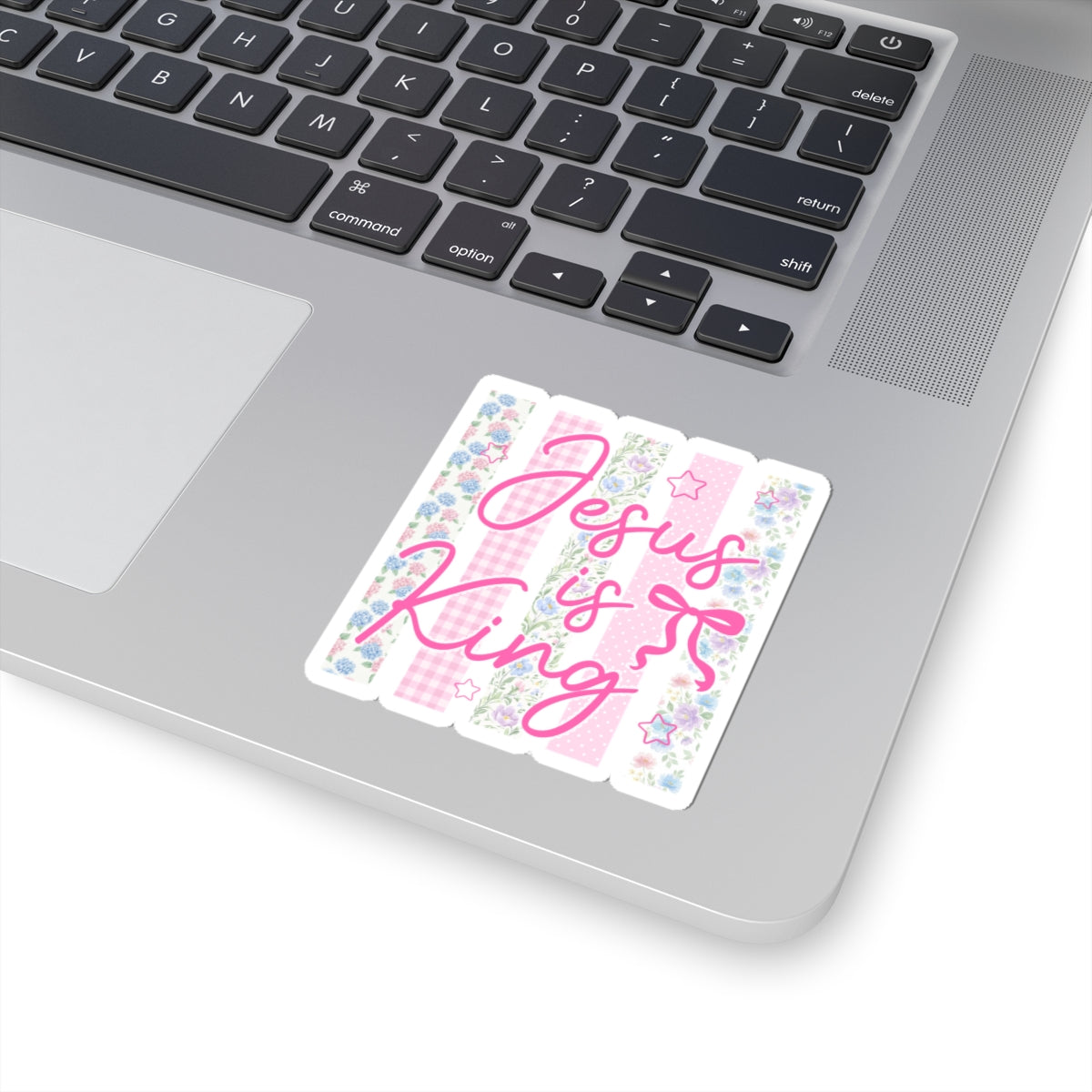 Jesus Is King Kiss-Cut Sticker — Pink Floral Christian Faith Decal