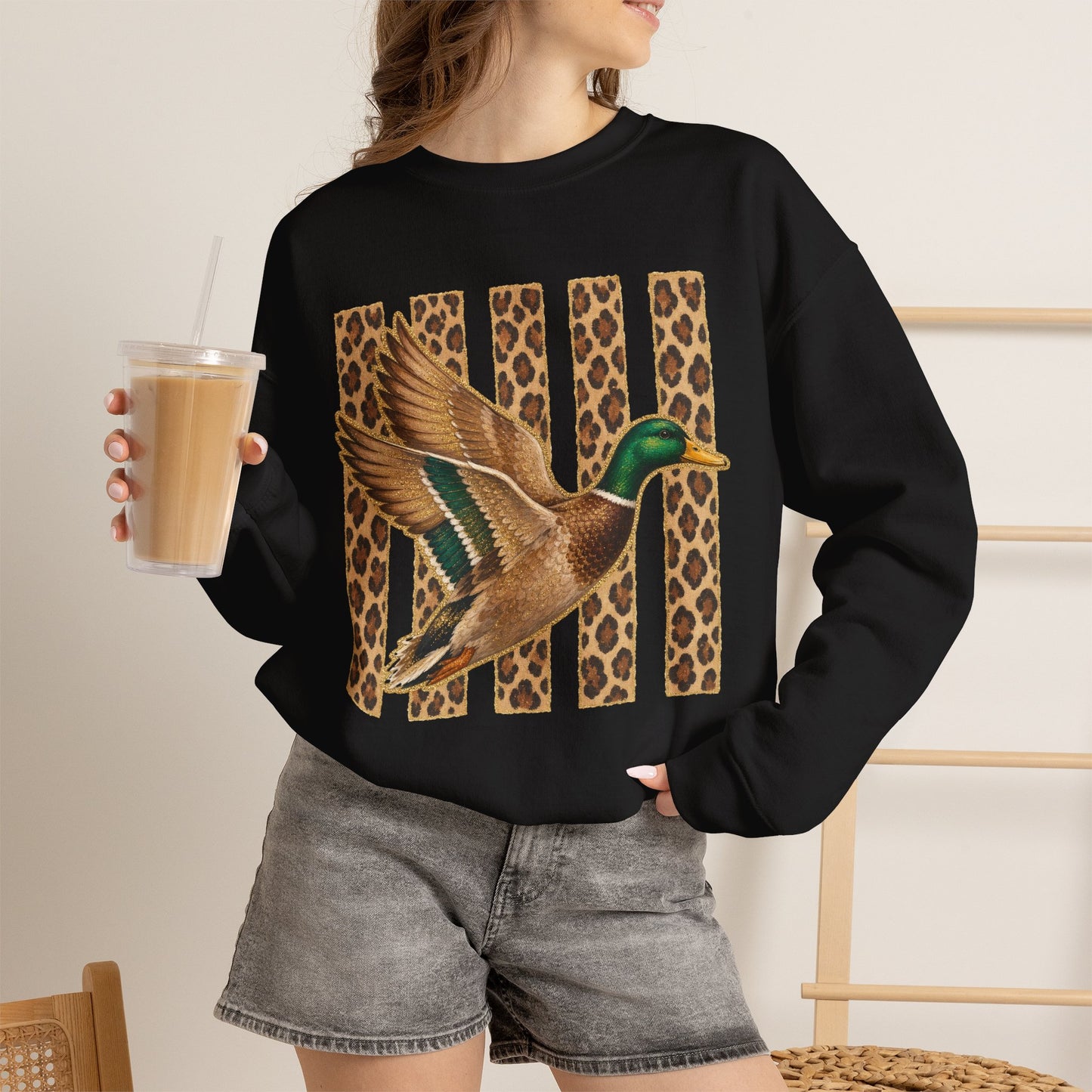 Mallard Duck Graphic Crewneck Sweatshirt — Leopard Stripe Background
