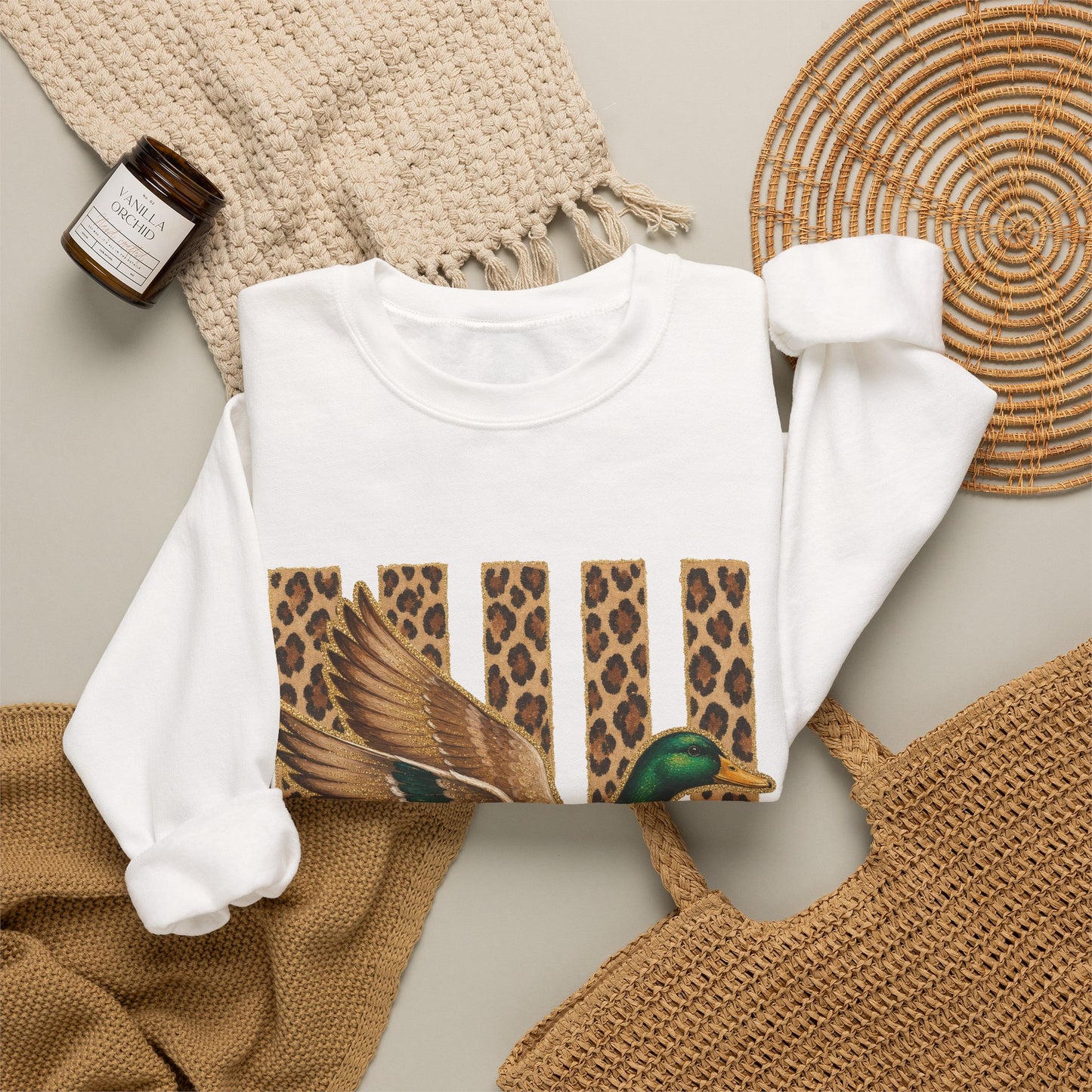 Duck & Leopard Stripe Crewneck Sweatshirt — Vintage Mallard Graphic