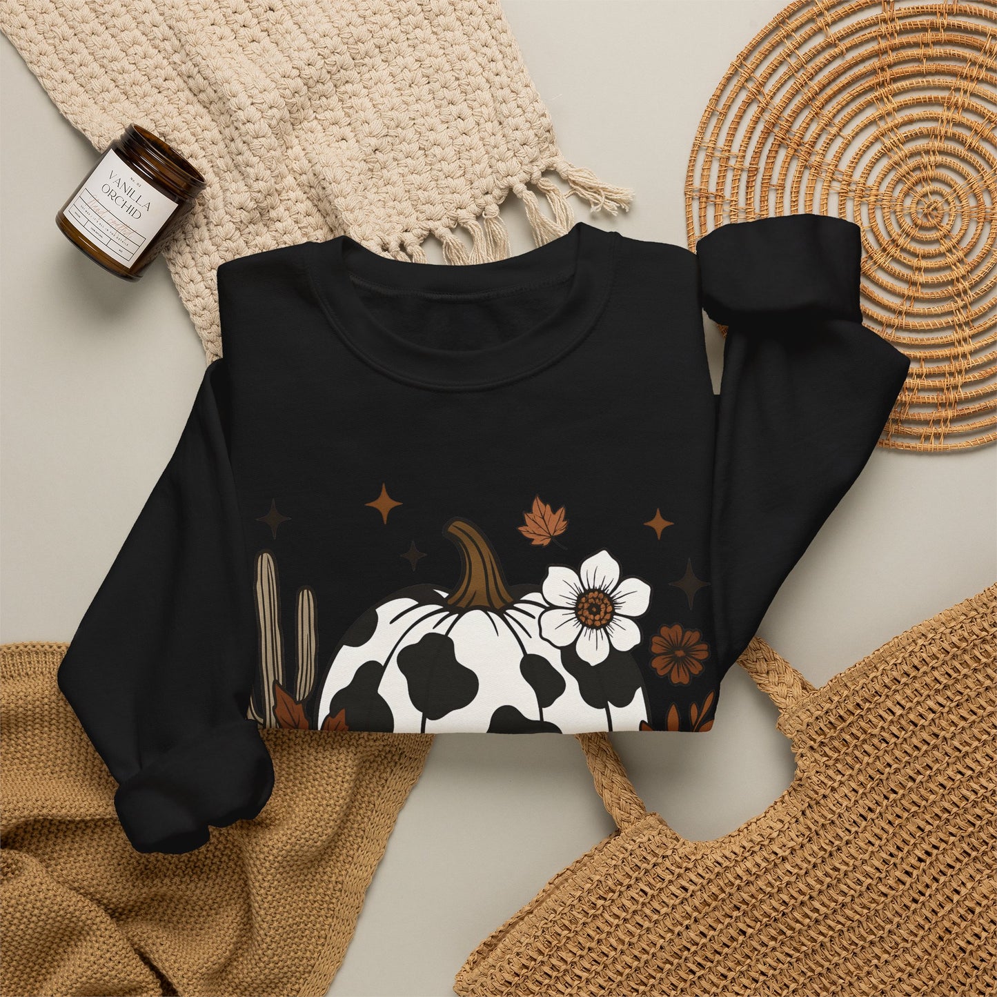 Cow Print Pumpkin Floral Sweatshirt — Fall Halloween Crewneck