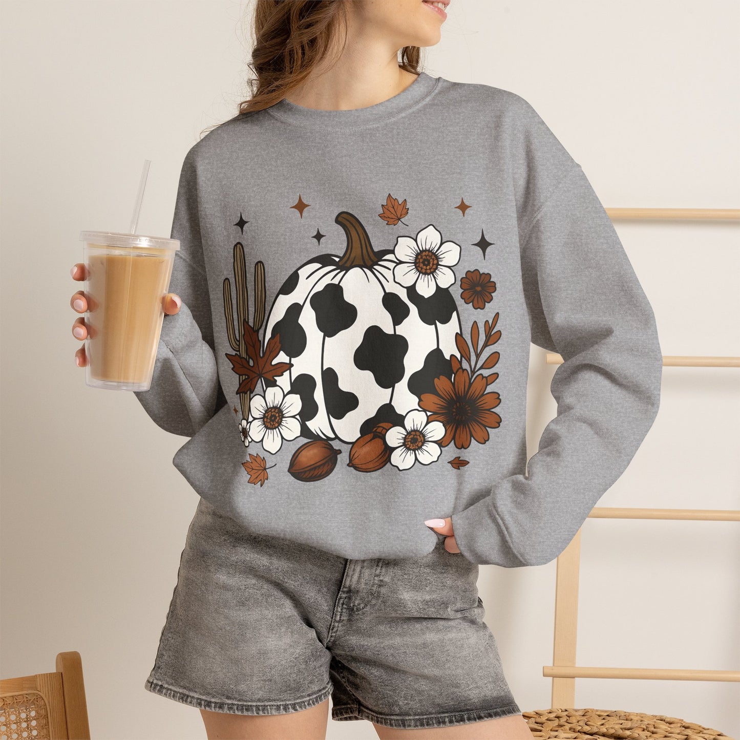 Cow Print Pumpkin Floral Sweatshirt — Fall Halloween Crewneck
