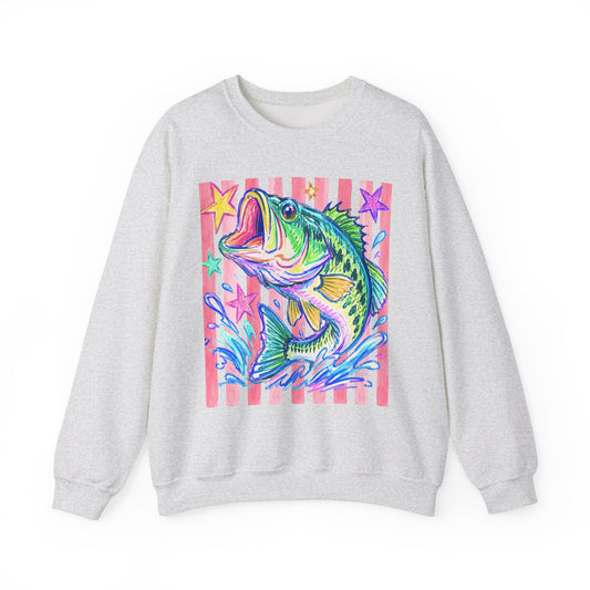 Neon Bass Fish Splash Sweatshirt | Retro Stripes Stars Fishing Art