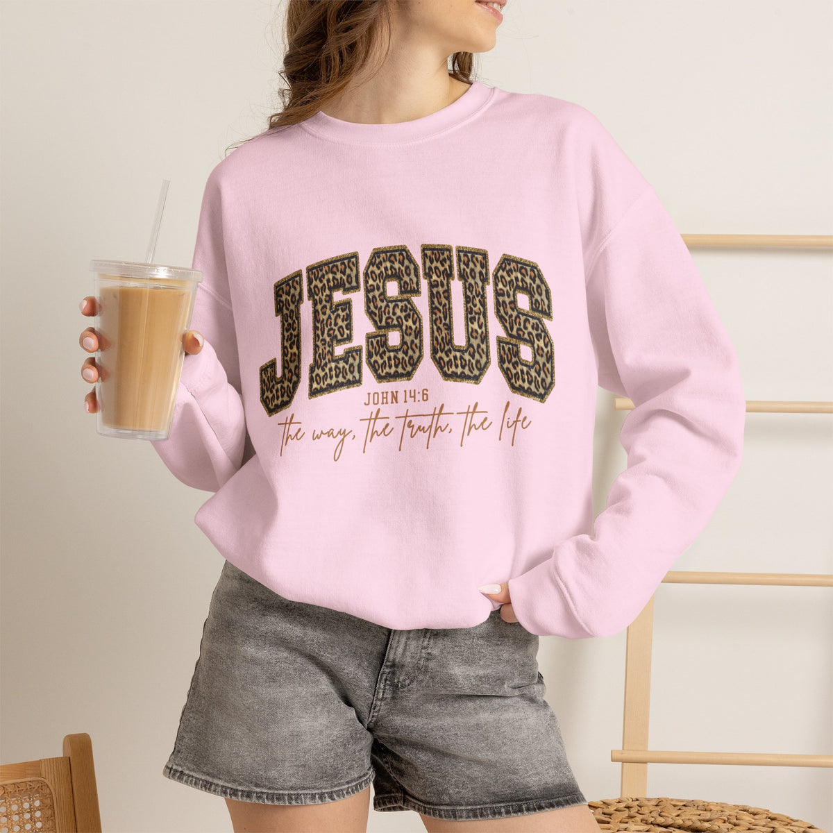 Jesus Leopard Print Crewneck Sweatshirt - Faith Graphic Pullover
