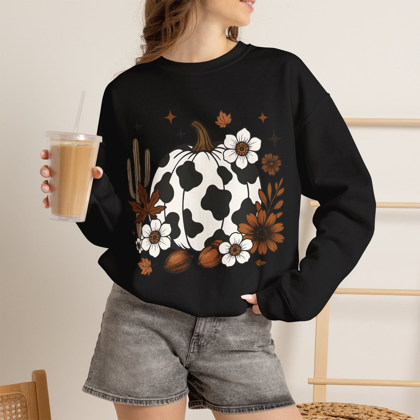 Cow Print Pumpkin Floral Sweatshirt — Fall Halloween Crewneck