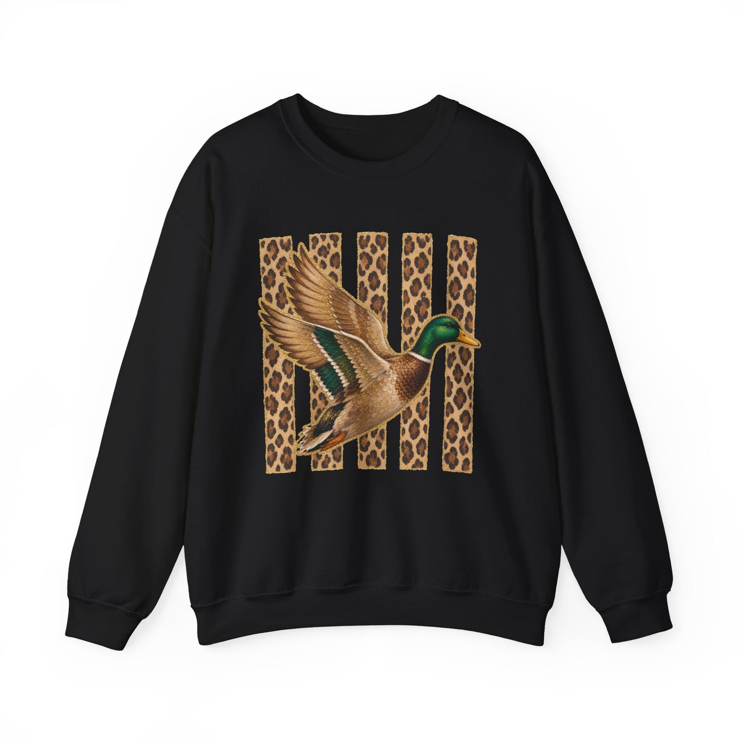 Mallard Duck Graphic Crewneck Sweatshirt — Leopard Stripe Background