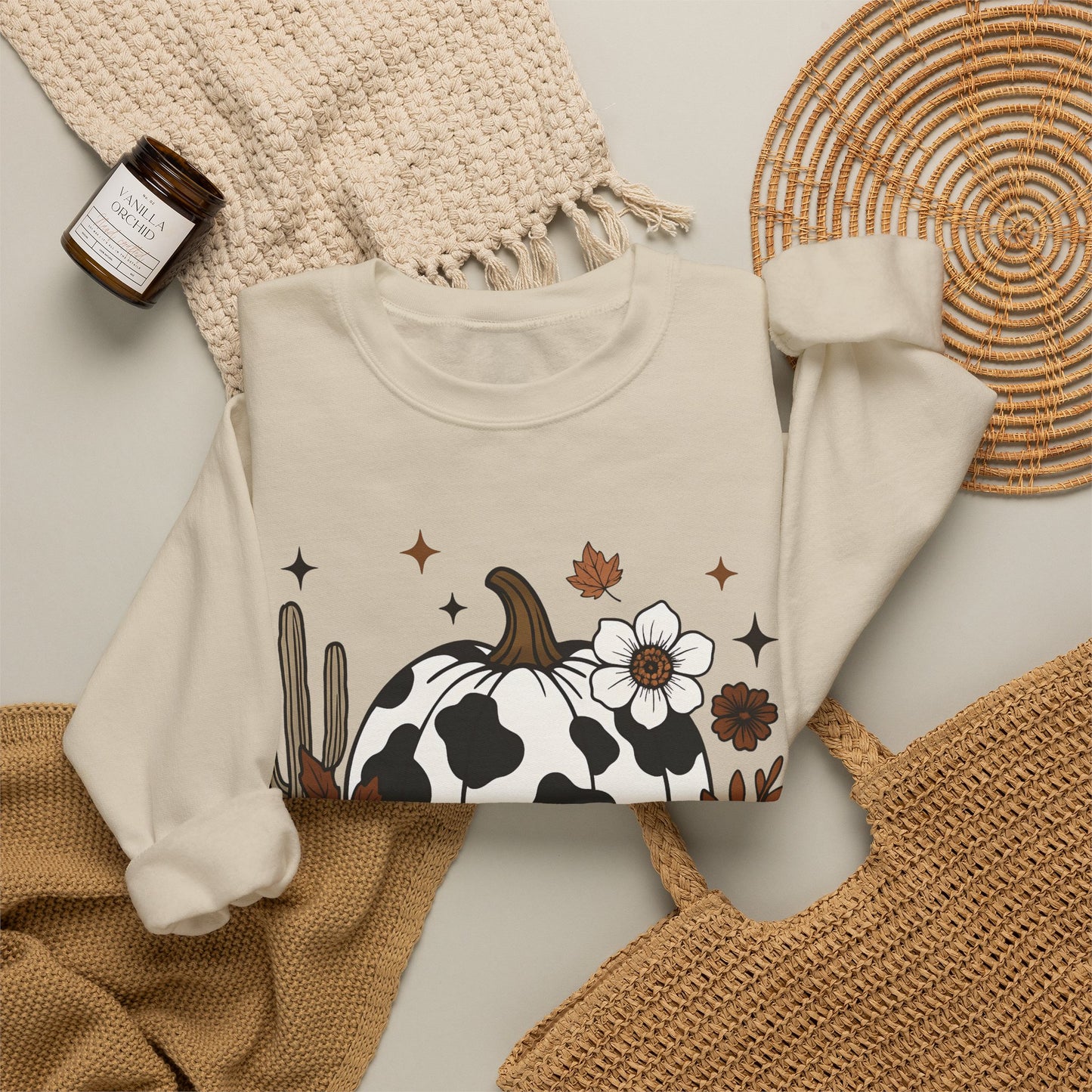 Cow Print Pumpkin Floral Sweatshirt — Fall Halloween Crewneck