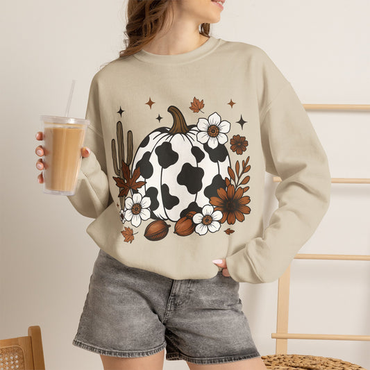 Cow Print Pumpkin Floral Sweatshirt — Fall Halloween Crewneck