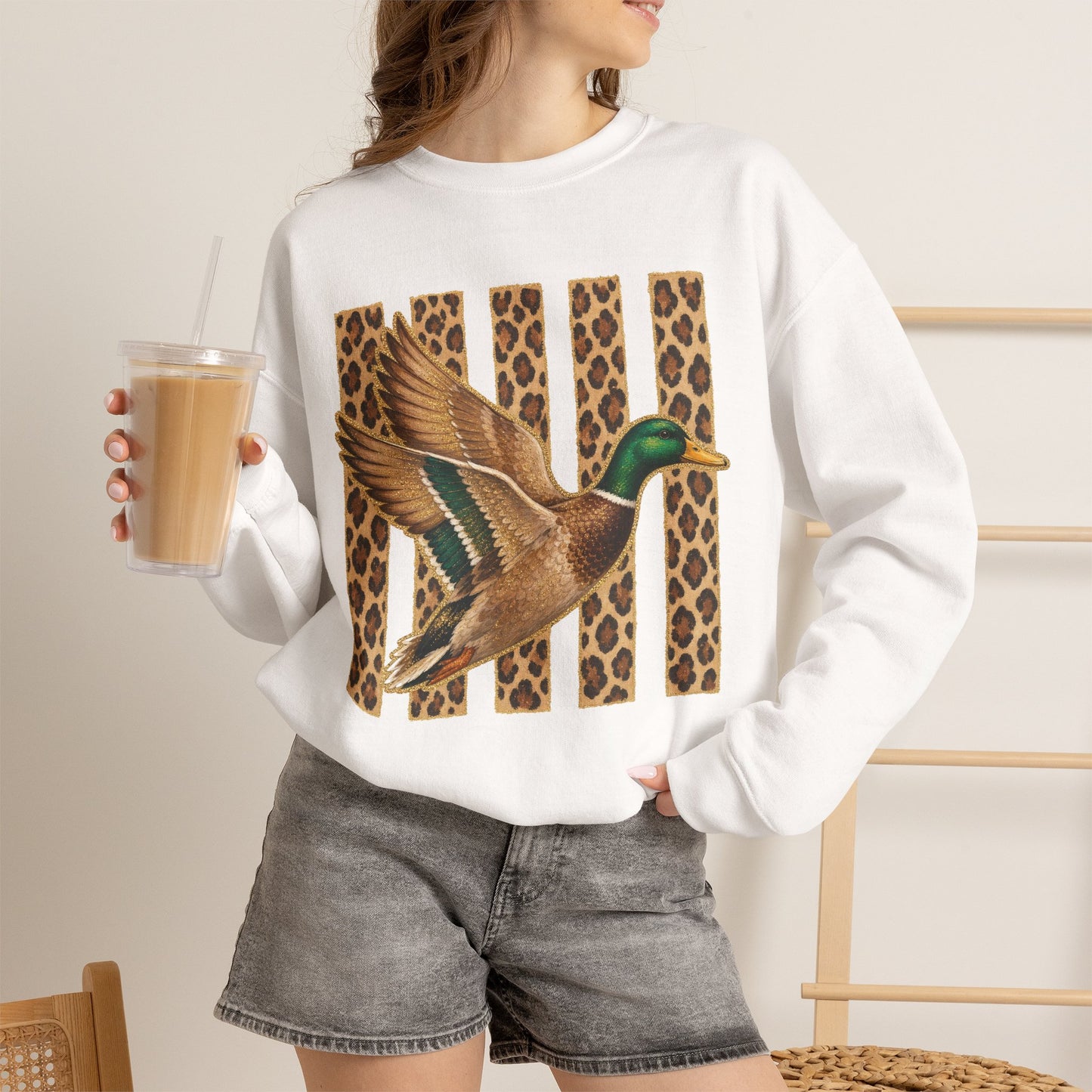 Mallard Duck Graphic Crewneck Sweatshirt — Leopard Stripe Background