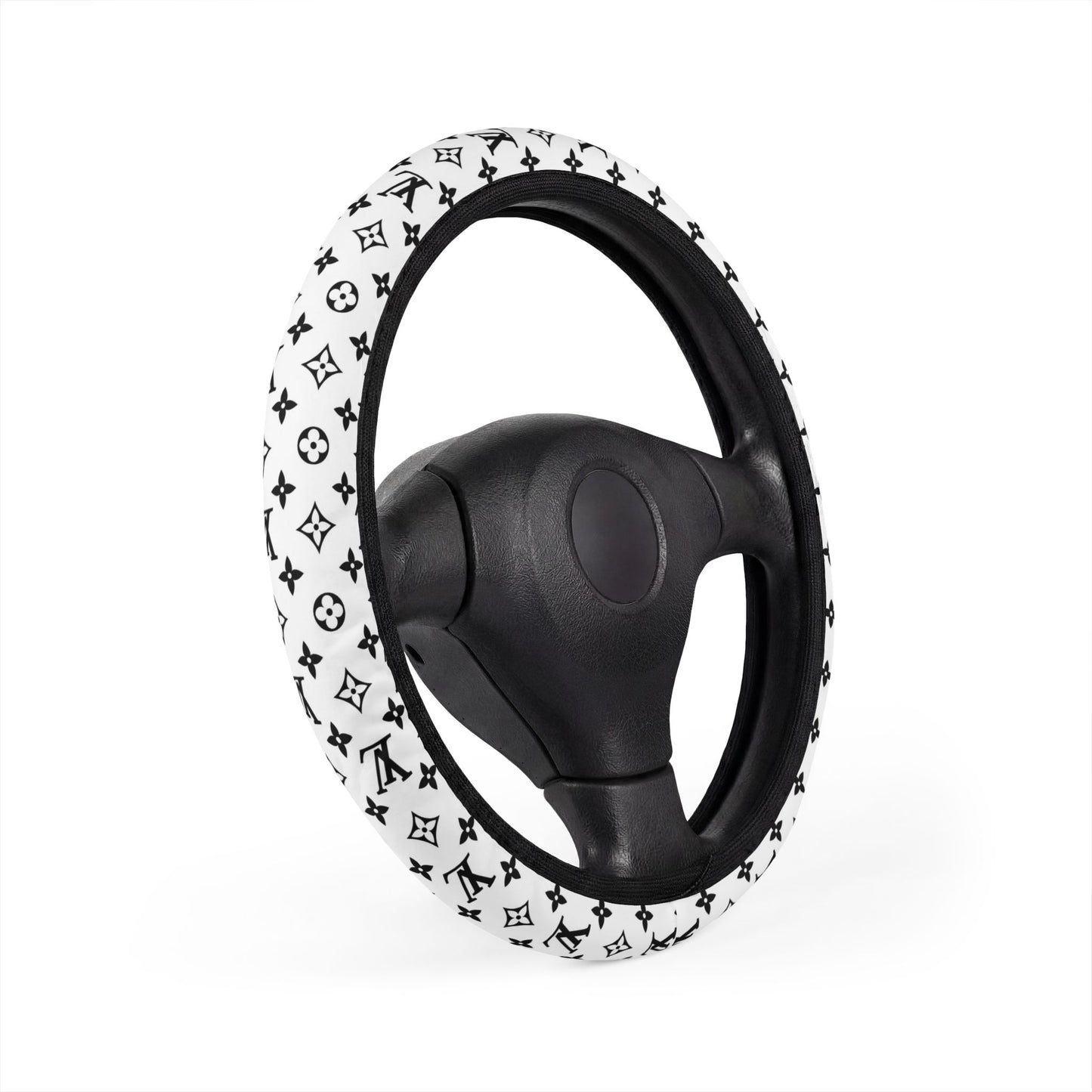 Louis Inspired Luxury Monogram Steering Wheel Cover — Black & White Designer Pattern