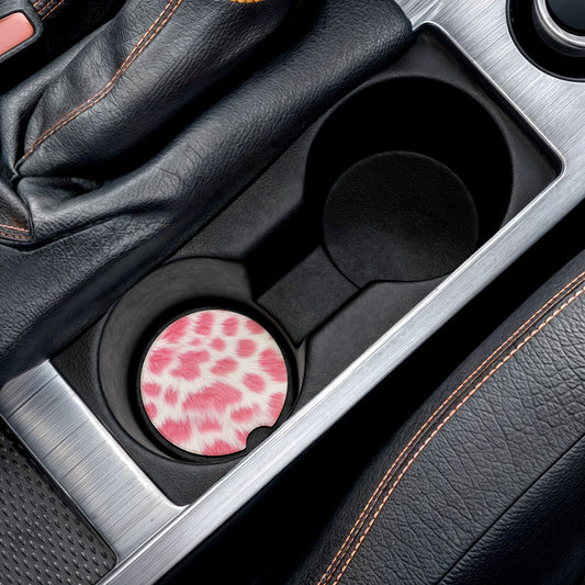 Pink Leopard Soapstone Car Coaster — Stylish Fur Print Cup Holder Protector
