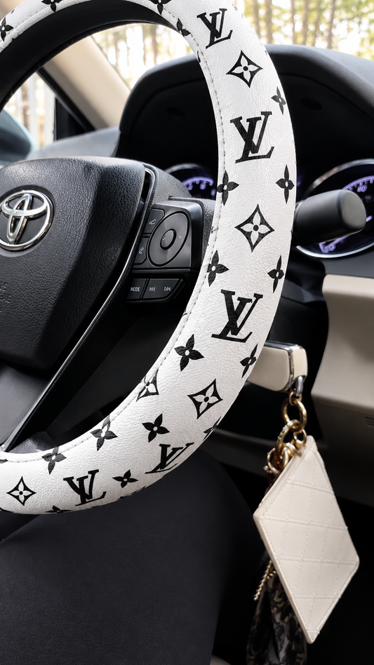 Louis Inspired Luxury Monogram Steering Wheel Cover — Black & White Designer Pattern