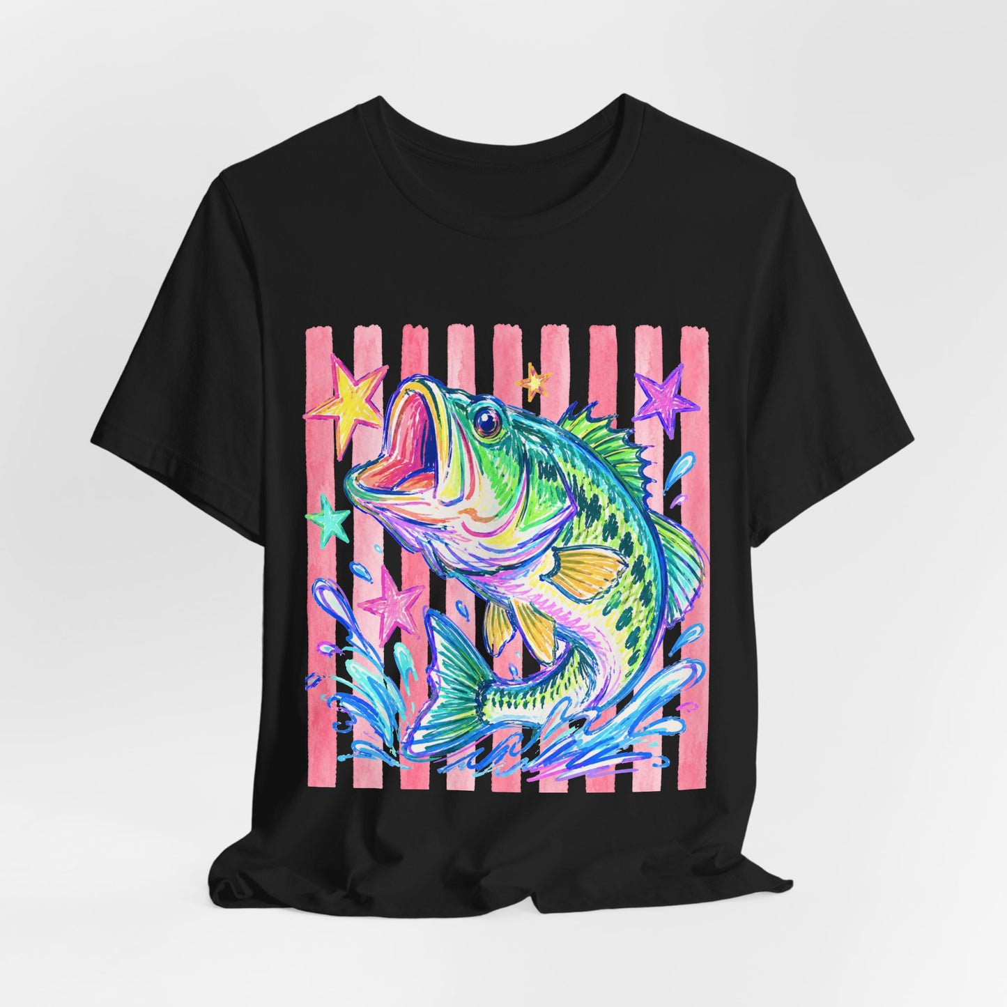 Bass Fishing Tee — Colorful Neon Largemouth Fish Graphic T-Shirt
