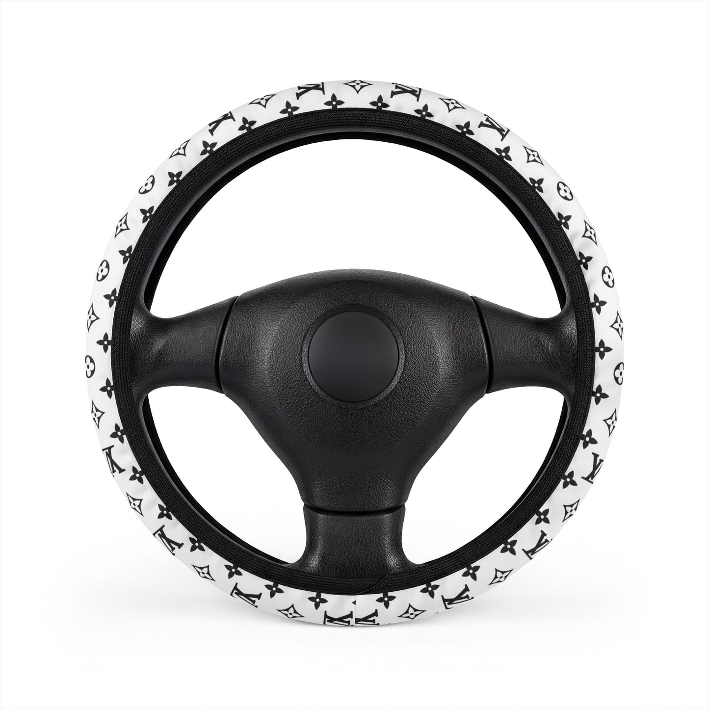 Louis Inspired Luxury Monogram Steering Wheel Cover — Black & White Designer Pattern