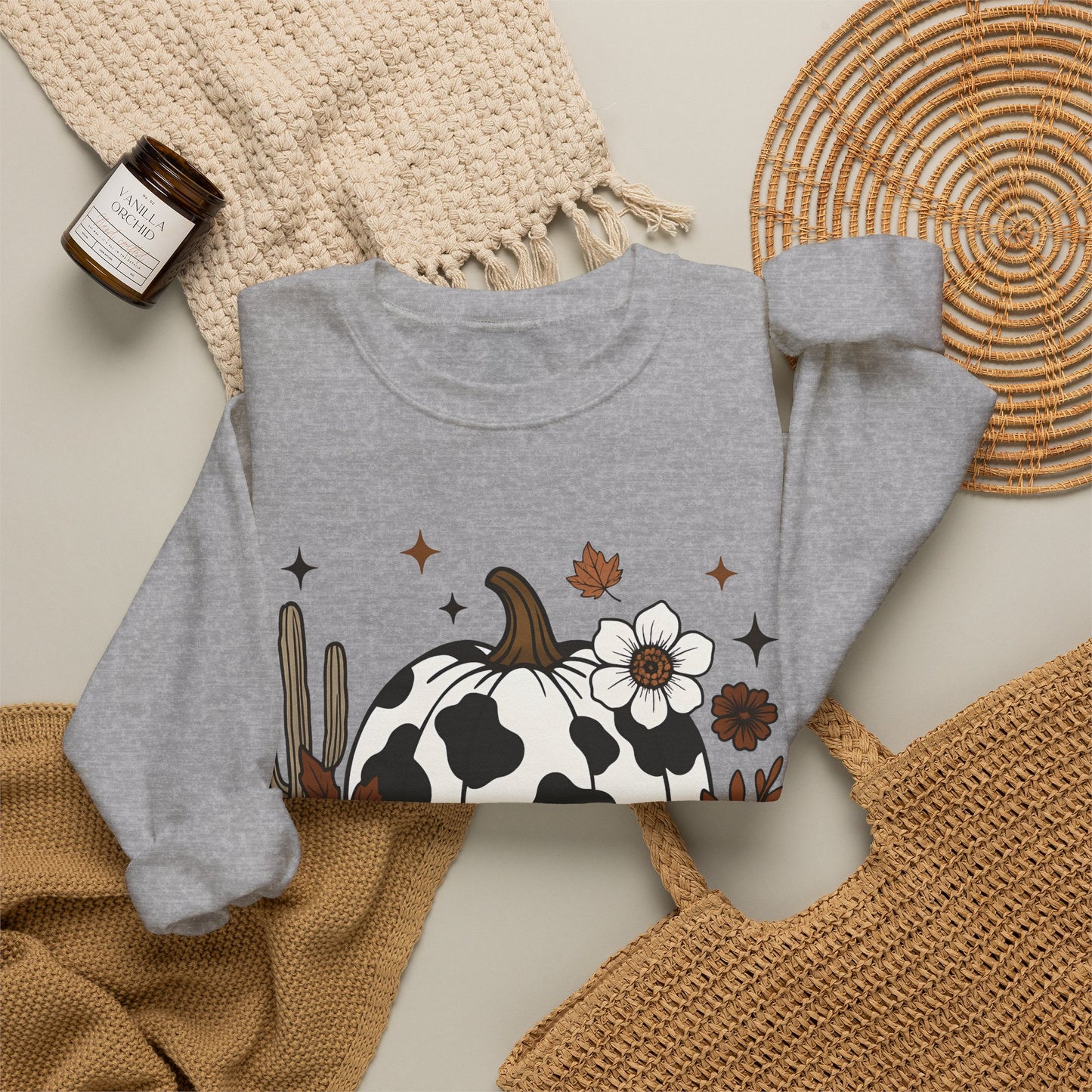 Cow Print Pumpkin Floral Sweatshirt — Fall Halloween Crewneck
