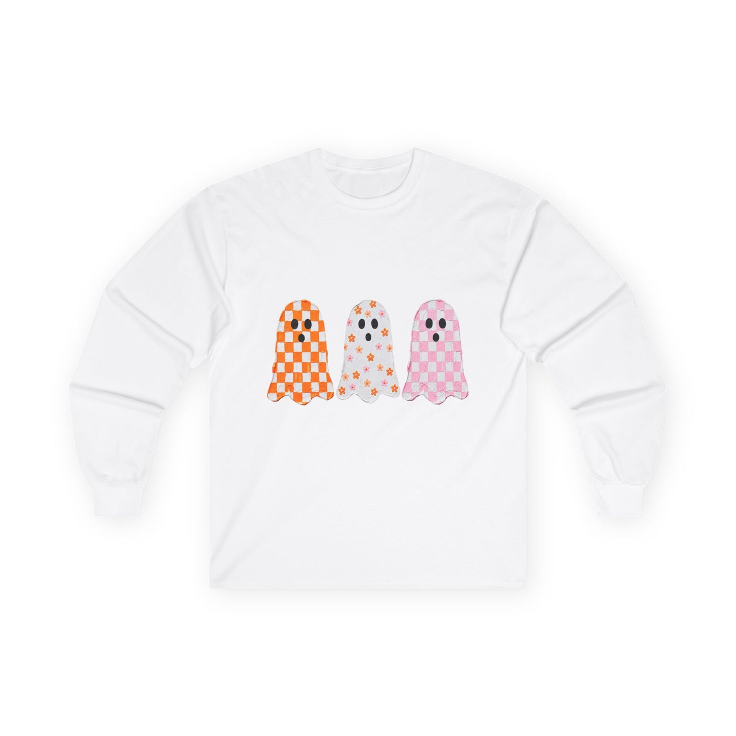 Checker Ghosts Long Sleeve Tee — Cute Halloween Graphic Shirt