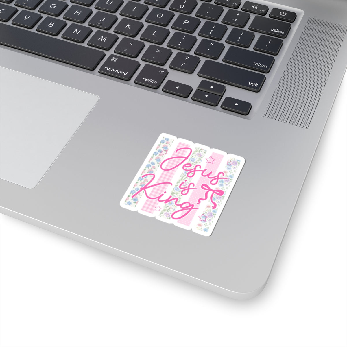 Jesus Is King Kiss-Cut Sticker — Pink Floral Christian Faith Decal