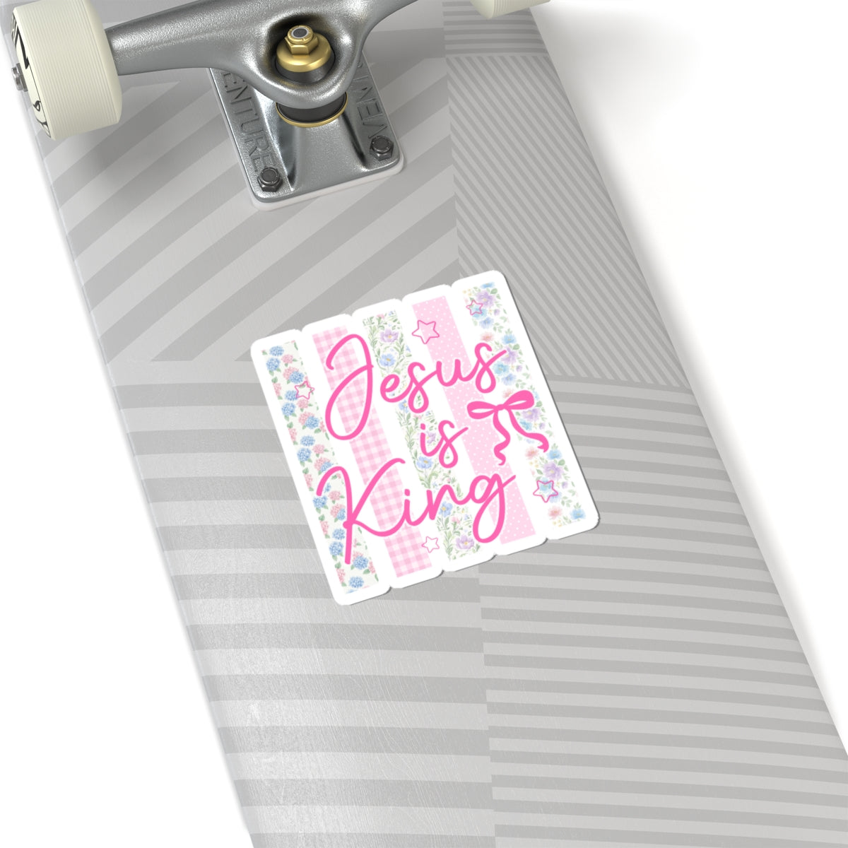 Jesus Is King Kiss-Cut Sticker — Pink Floral Christian Faith Decal