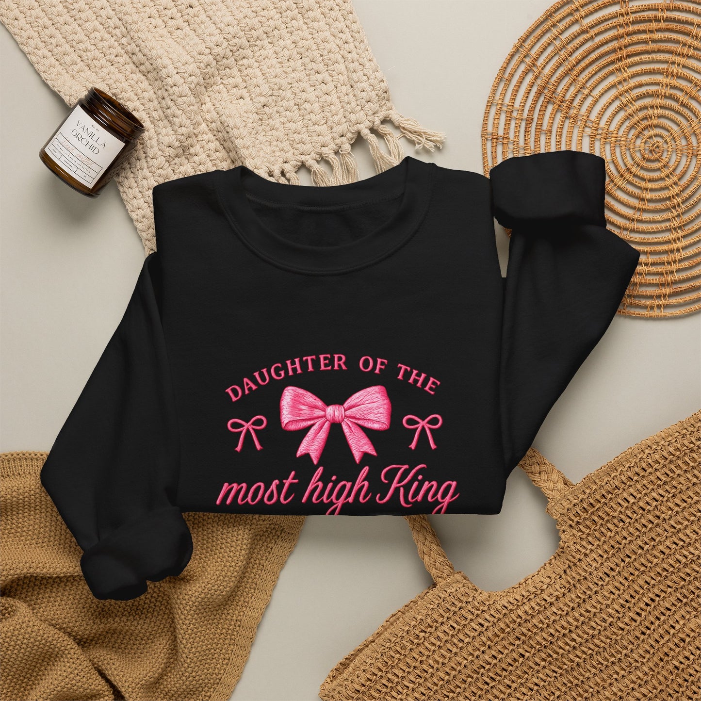 Crewneck Sweatshirt — "Daughter of the Most High King" Pink Bow Christian Gift