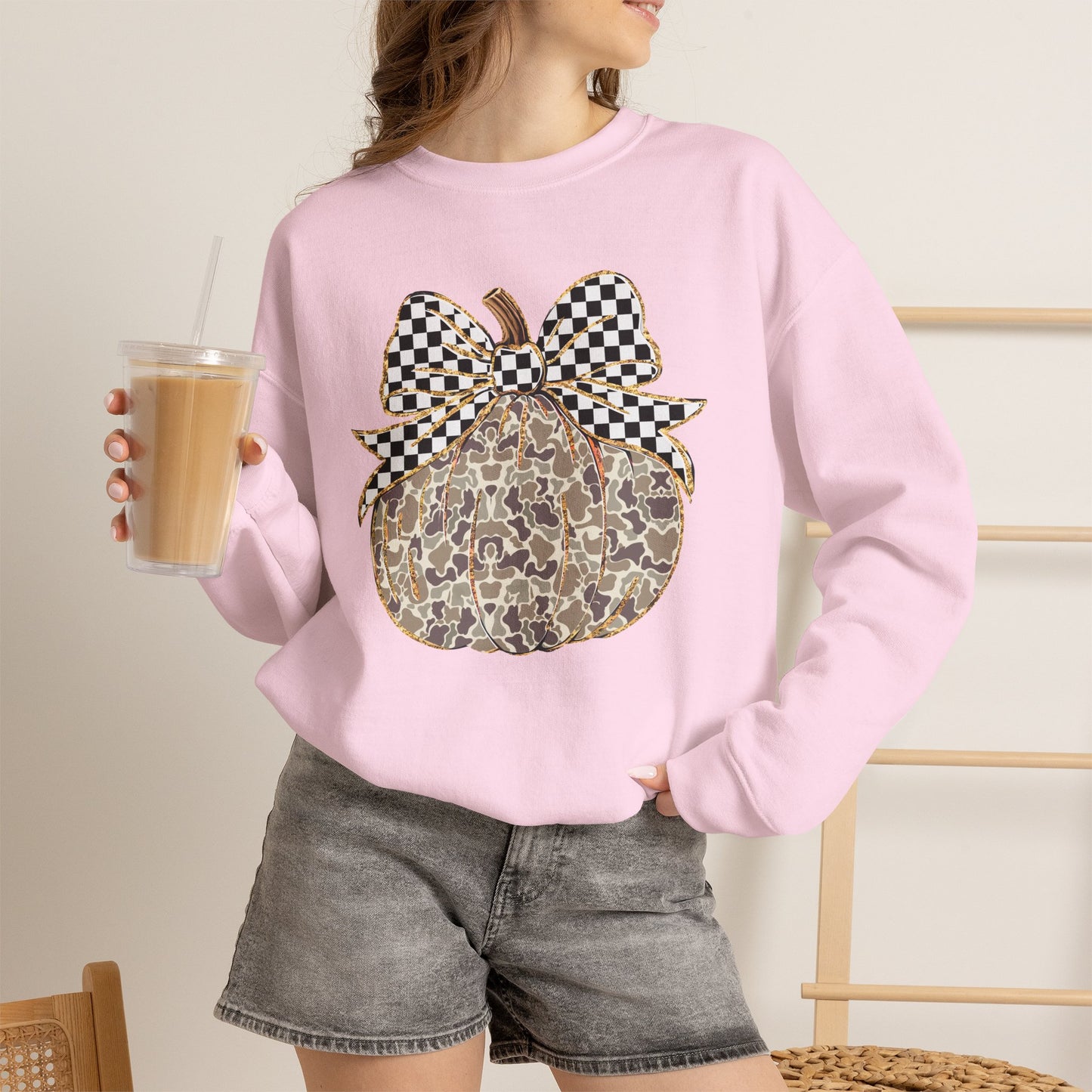 Leopard Print Pumpkin Crewneck Sweatshirt with Checkered Bow