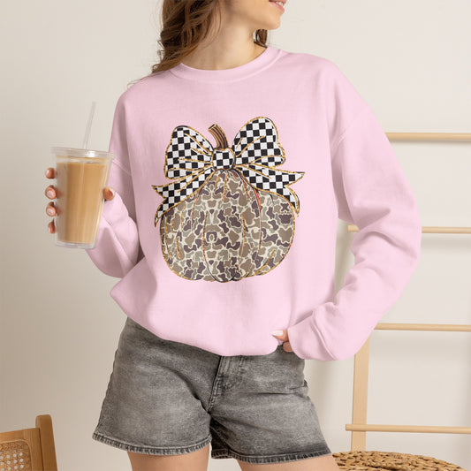 Leopard Print Pumpkin Crewneck Sweatshirt with Checkered Bow