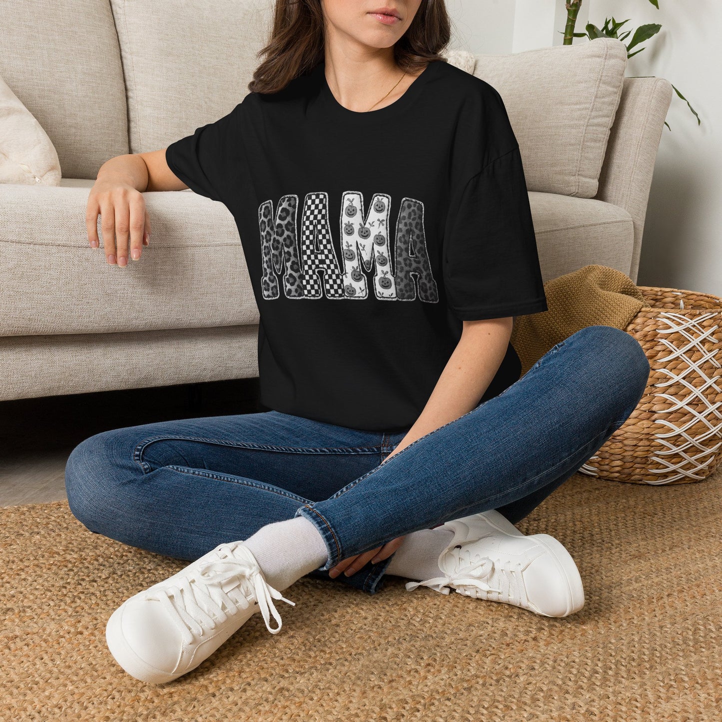 Mama Graphic T‑Shirt — Patterned Leopard, Checker & Floral Lettering