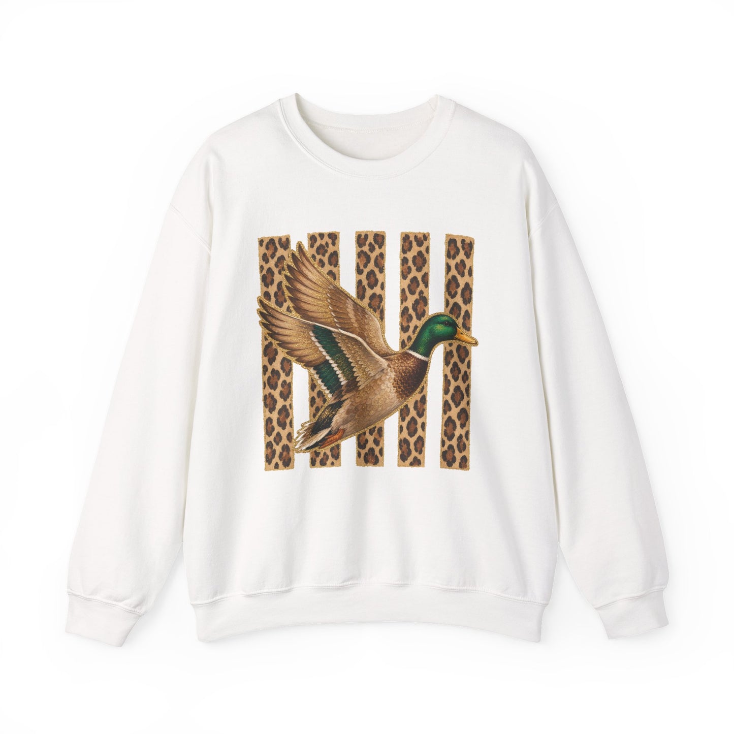 Mallard Duck Graphic Crewneck Sweatshirt — Leopard Stripe Background