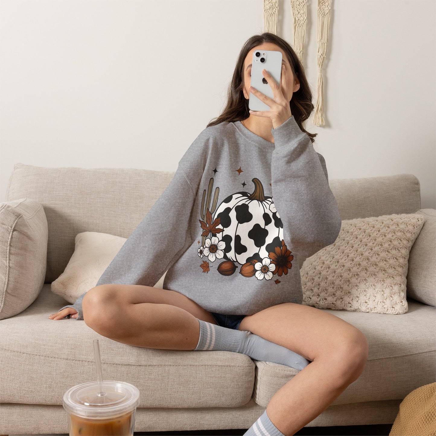 Cow Print Pumpkin Floral Sweatshirt — Fall Halloween Crewneck