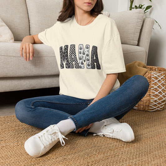 Mama Graphic T‑Shirt — Patterned Leopard, Checker & Floral Lettering