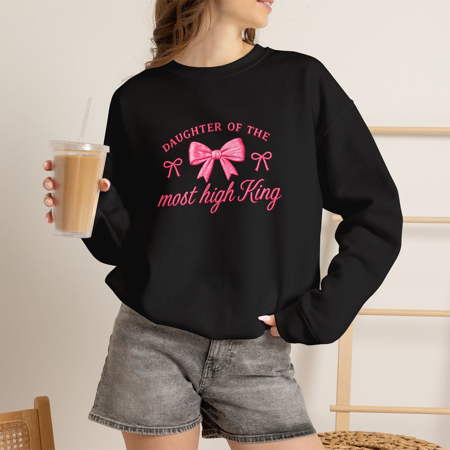 Crewneck Sweatshirt — "Daughter of the Most High King" Pink Bow Christian Gift