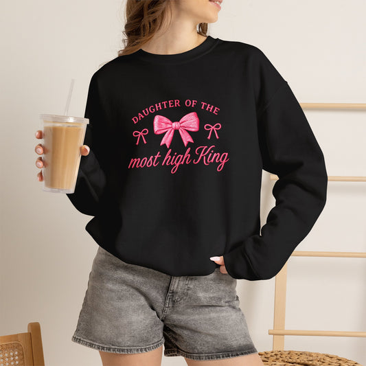 Crewneck Sweatshirt — "Daughter of the Most High King" Pink Bow Christian Gift