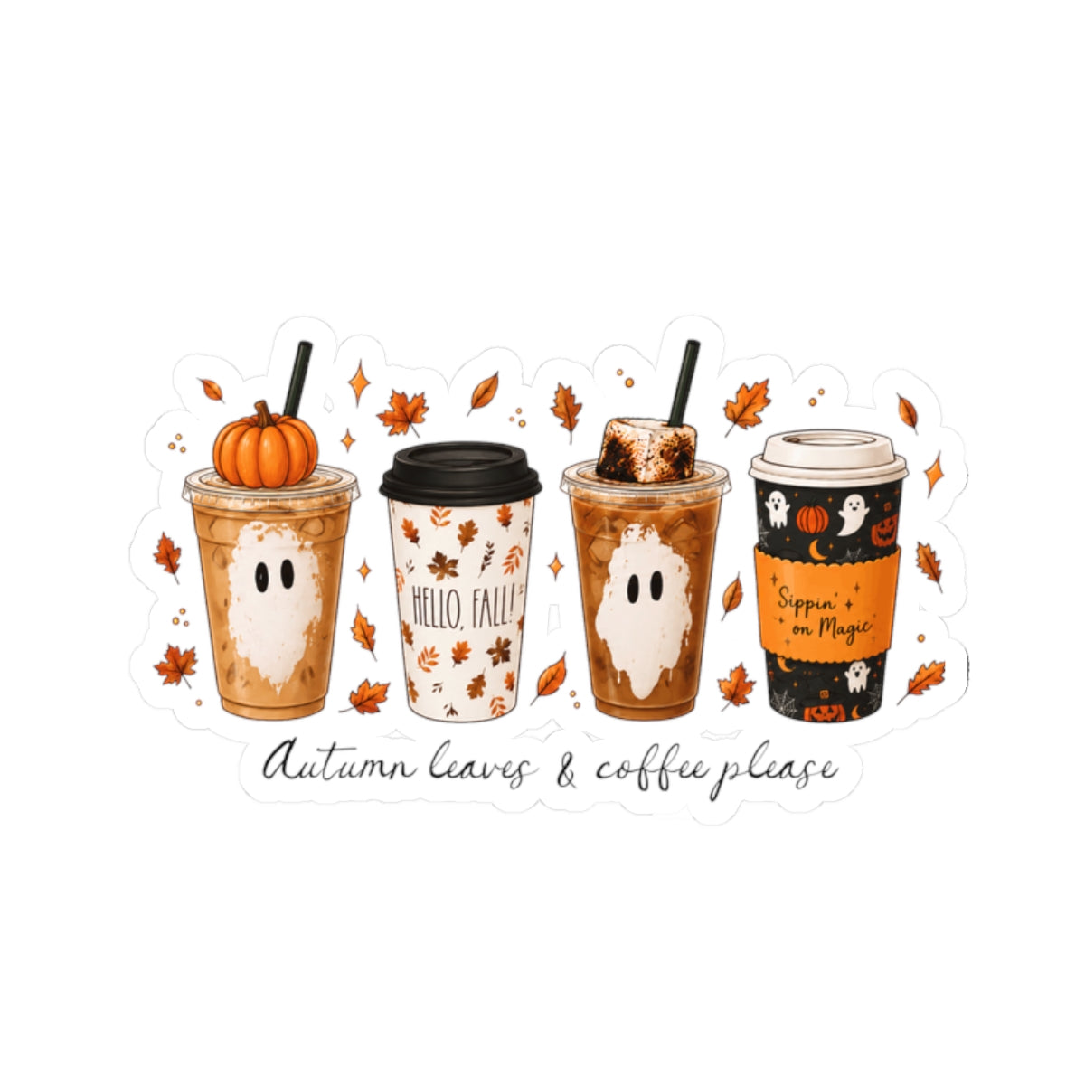 Autumn Coffee Ghosts Sticker - Fall Pumpkin Latte Kiss-Cut Sticker