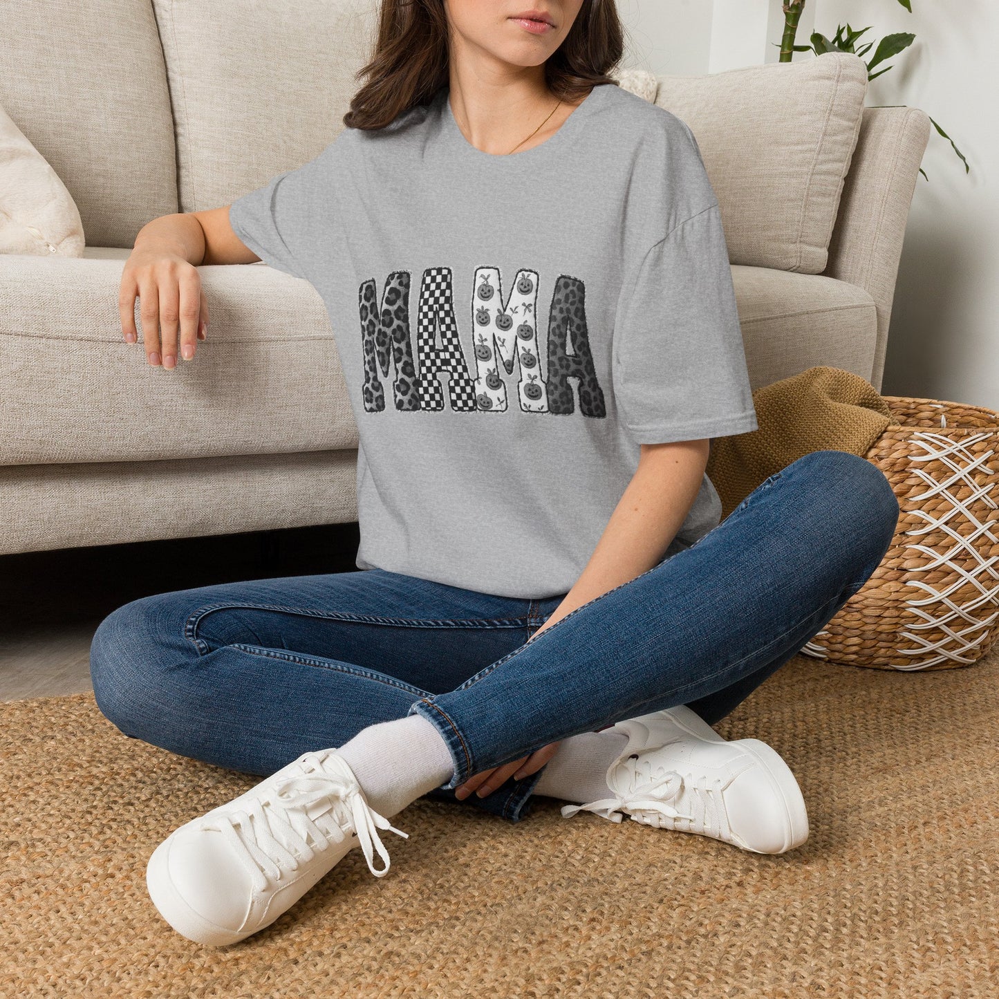 Mama Graphic T‑Shirt — Patterned Leopard, Checker & Floral Lettering
