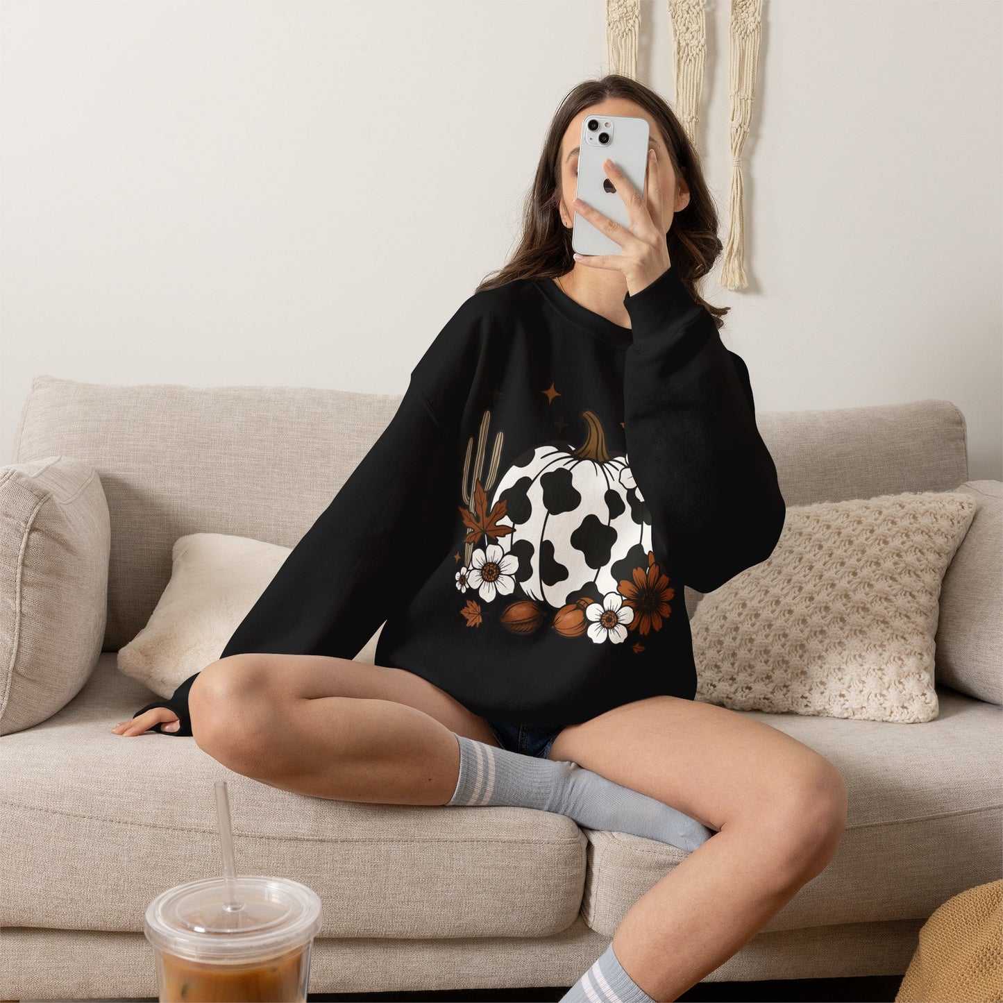 Cow Print Pumpkin Floral Sweatshirt — Fall Halloween Crewneck