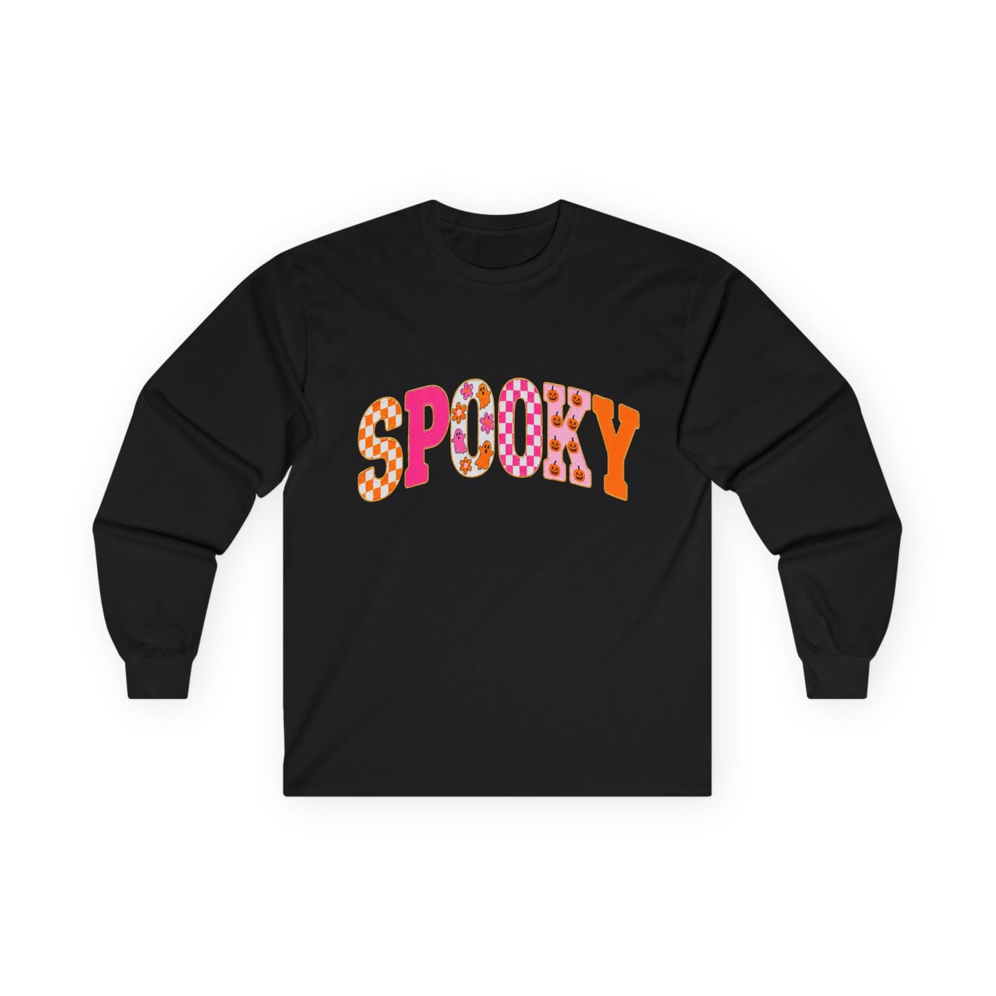 Spooky Colorblock Long Sleeve Tee — Retro Halloween Graphic
