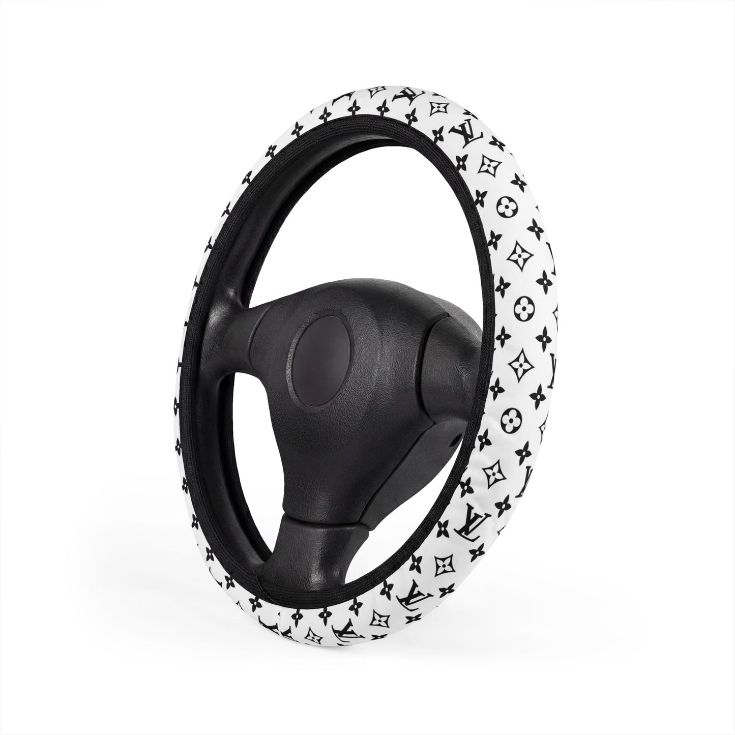 Louis Inspired Luxury Monogram Steering Wheel Cover — Black & White Designer Pattern