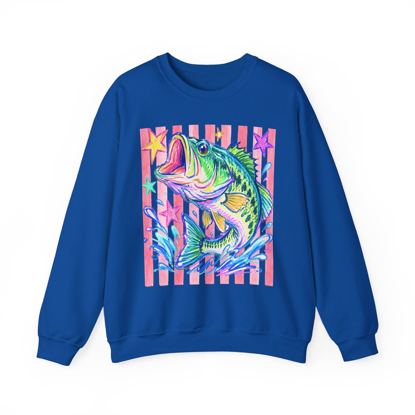 Neon Bass Fish Splash Sweatshirt | Retro Stripes Stars Fishing Art