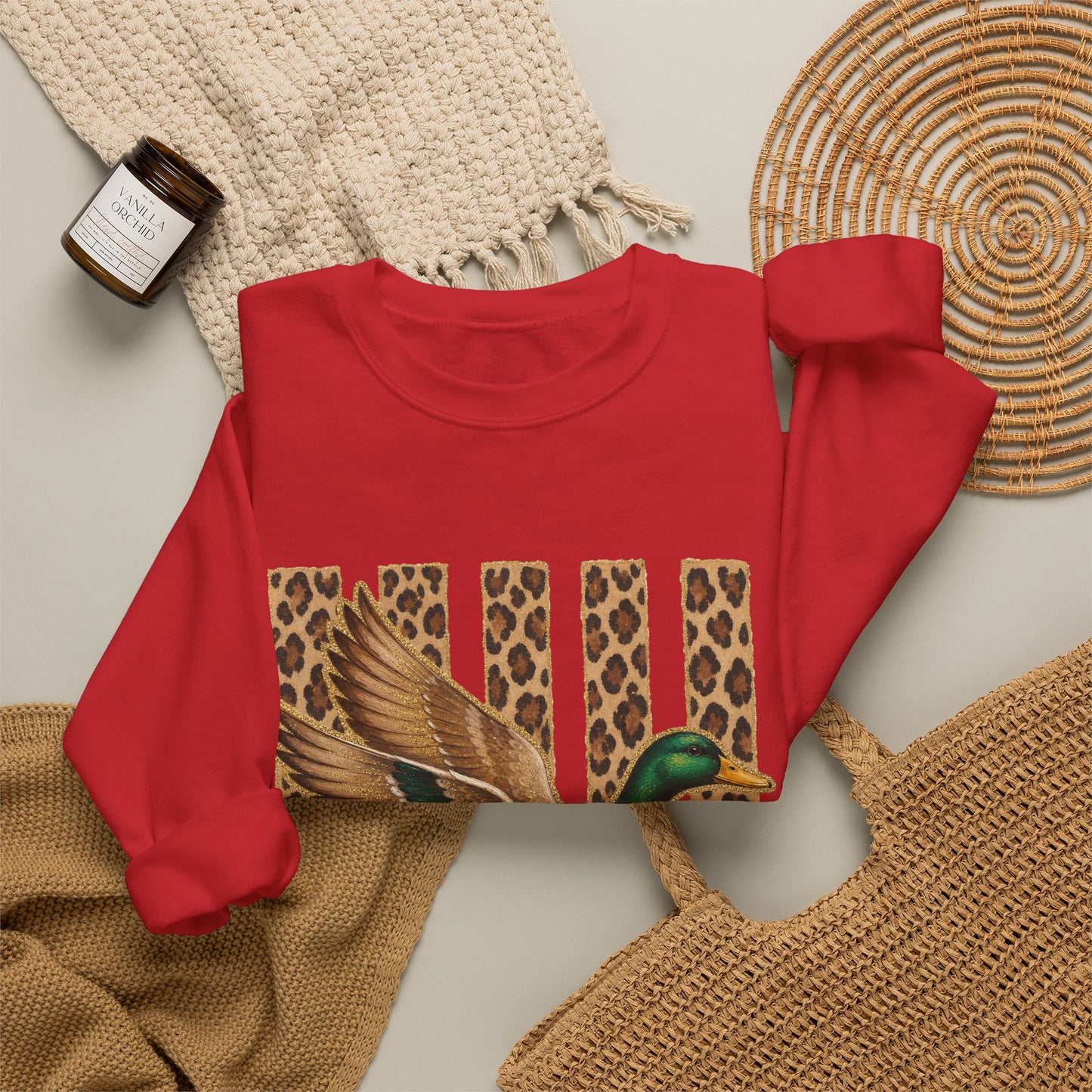 Duck & Leopard Stripe Crewneck Sweatshirt — Vintage Mallard Graphic