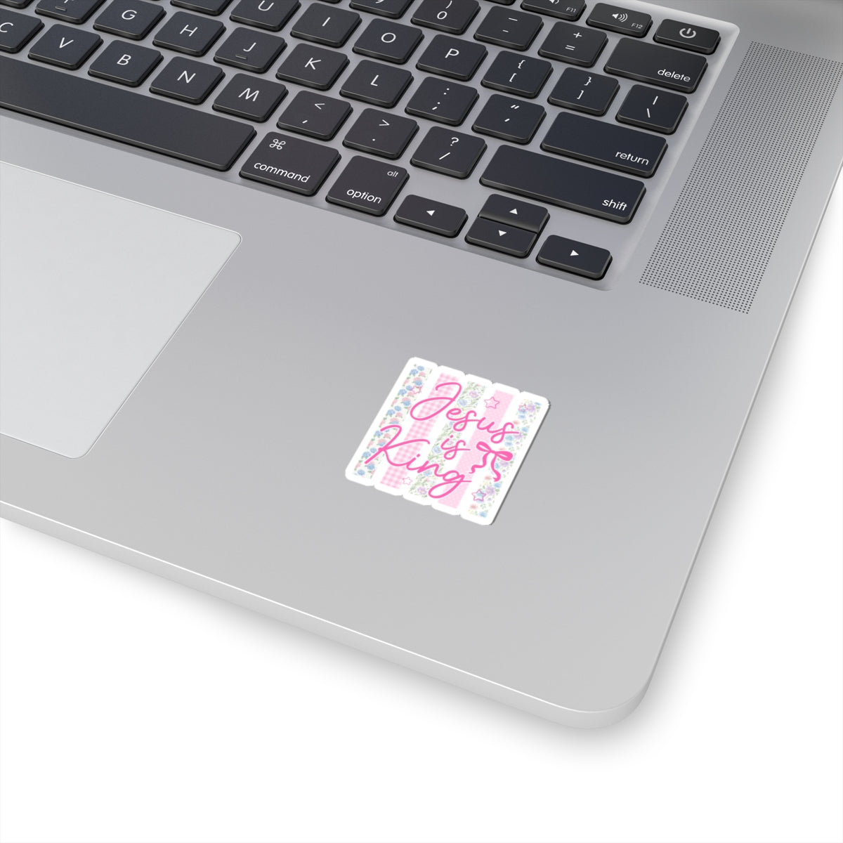 Jesus Is King Kiss-Cut Sticker — Pink Floral Christian Faith Decal