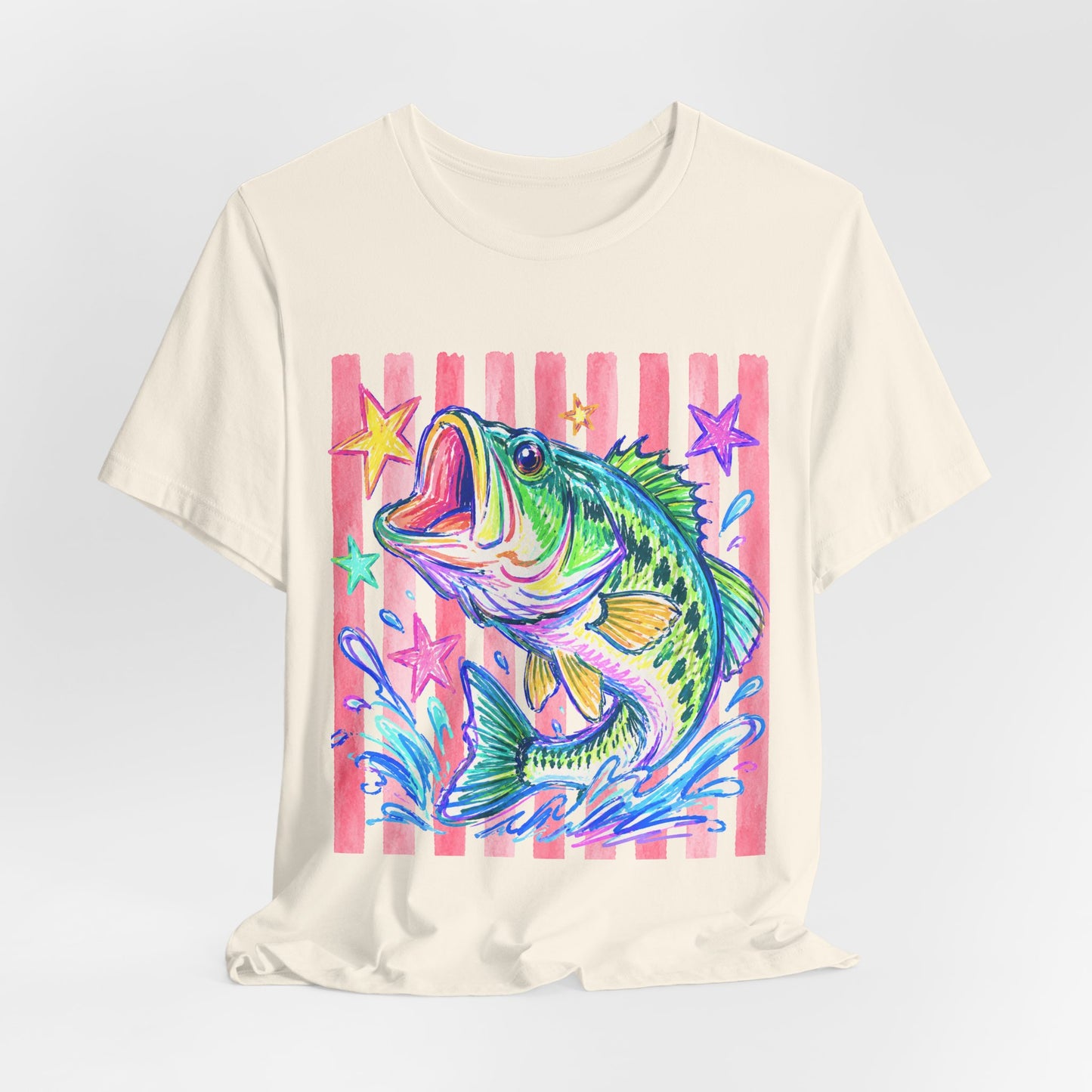 Bass Fishing Tee — Colorful Neon Largemouth Fish Graphic T-Shirt